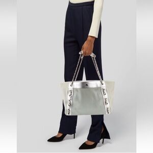 Burberry Blue Label Tote Shoulder Bag Tweed Leather Chain Strap Japan Exclusive